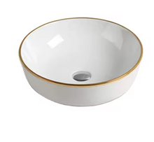 Load image into Gallery viewer, Elegant White Porcelain Vessel Sink with Gold Rim with Sleek Design and Smooth Finish for Stylish Vanity Countertops
