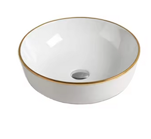 Elegant White Porcelain Vessel Sink with Gold Rim with Sleek Design and Smooth Finish for Stylish Vanity Countertops