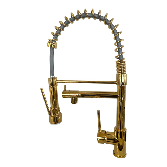 Luxury Industrial-Style Matte Black and Gold Kitchen Faucet with High-Arch Coil Spring, Pull-Down Sprayer, and Separate Side Pot Filler