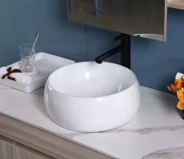 White Round Sleek and Minimalist Bathroom Basin with Smooth Glossy Vanity Countertops