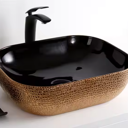 Modern Black & Gold Vessel Sink Chic Bathroom Upgrade with Textured Gold Exterior and Sleek Black Interior