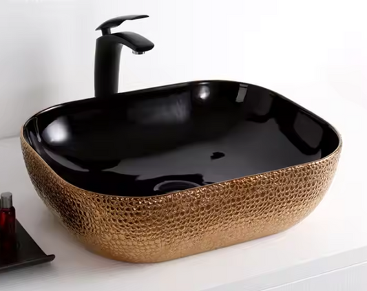 Modern Black & Gold Vessel Sink Chic Bathroom Upgrade with Textured Gold Exterior and Sleek Black Interior