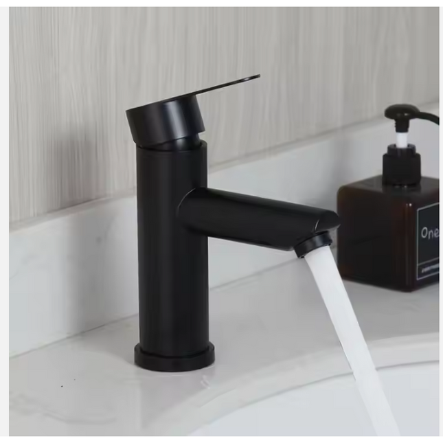 Modern Matte Black Single-Handle Bathroom Sink Faucet with Sleek Cylindrical Design, Corrosion-Resistant Finish, and Smooth Water Flow for Contemporary Spaces