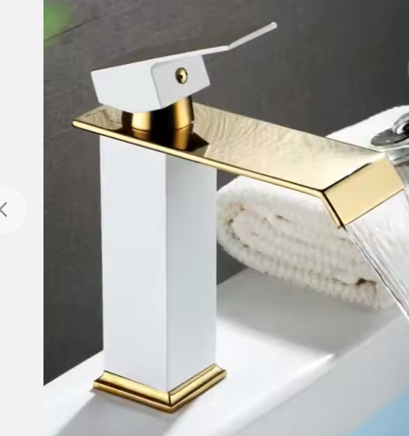 Elegant White and Gold Waterfall Bathroom Faucet with Modern Square Base, Luxurious Wide Spout, and Premium Finish for a Stylish and Contemporary Sink Upgrade