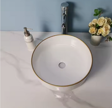 Load image into Gallery viewer, Elegant White Porcelain Vessel Sink with Gold Rim with Sleek Design and Smooth Finish for Stylish Vanity Countertops
