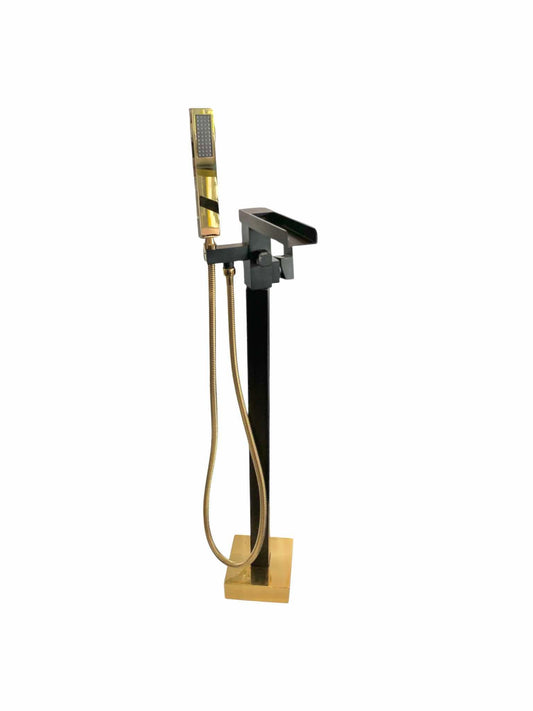 Elegant Black and Gold Freestanding Bathtub Faucet with Waterfall Spout and Handheld Shower – Stylish and Durable Design for Modern Bathroom Spaces