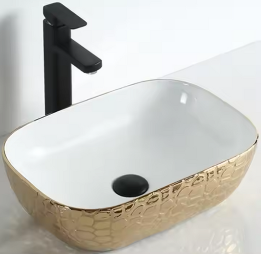 White and Gold Textured Exterior and Smooth White Interior Elegance Oval Bathroom Sink with Textured Exterior