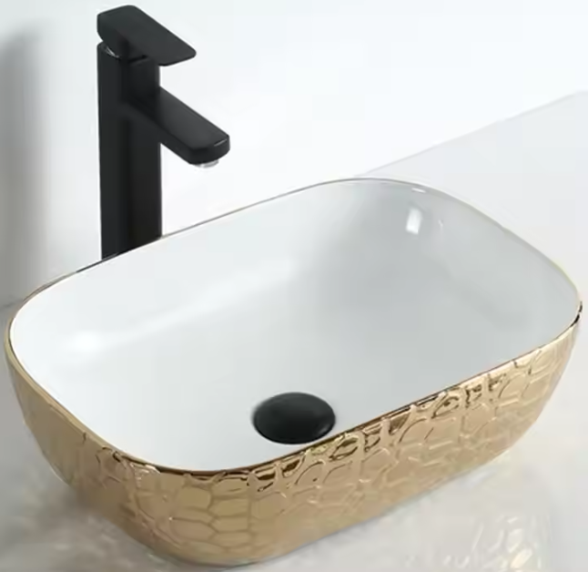 White and Gold Textured Exterior and Smooth White Interior Elegance Oval Bathroom Sink with Textured Exterior
