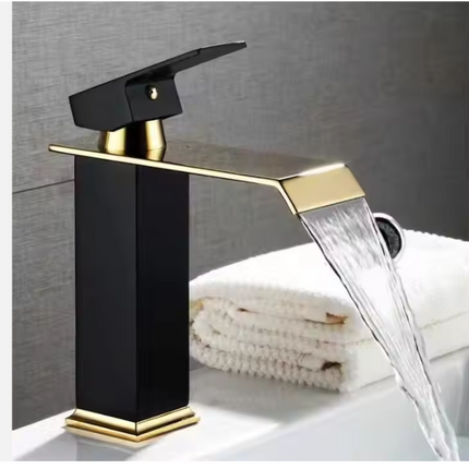Luxury Black and Gold Waterfall Bathroom Faucet with Wide Spout, Modern Single-Handle Design, Corrosion-Resistant Finish, and Smooth Water Flow for Elegant Décor