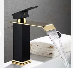 Luxury Black and Gold Waterfall Bathroom Faucet with Wide Spout, Modern Single-Handle Design, Corrosion-Resistant Finish, and Smooth Water Flow for Elegant Décor