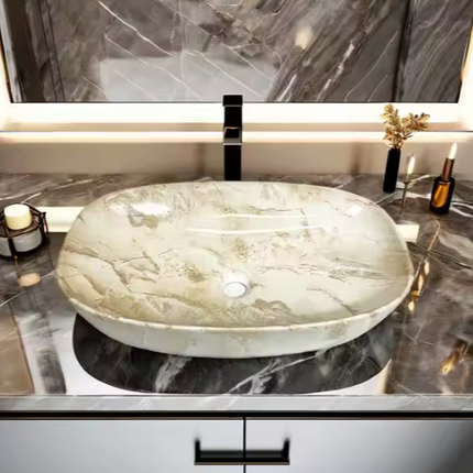 Rectangular Marble-Patterned Vessel Sink – Elegant Bathroom Basin with Natural Stone Aesthetic and Glossy Finish for Modern Vanity Countertops