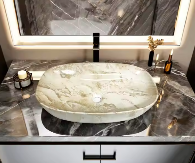 Rectangular Marble-Patterned Vessel Sink – Elegant Bathroom Basin with Natural Stone Aesthetic and Glossy Finish for Modern Vanity Countertops