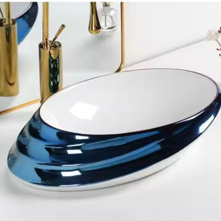 Luxury Oval Porcelain Vessel Sink with Glossy Blue Metallic Finish Tabletop Irregular Shape Basin