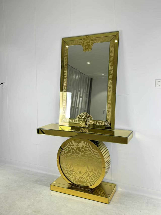 Luxury Medusa Gold Glass Console Table Modern Style Double Tempered Glass