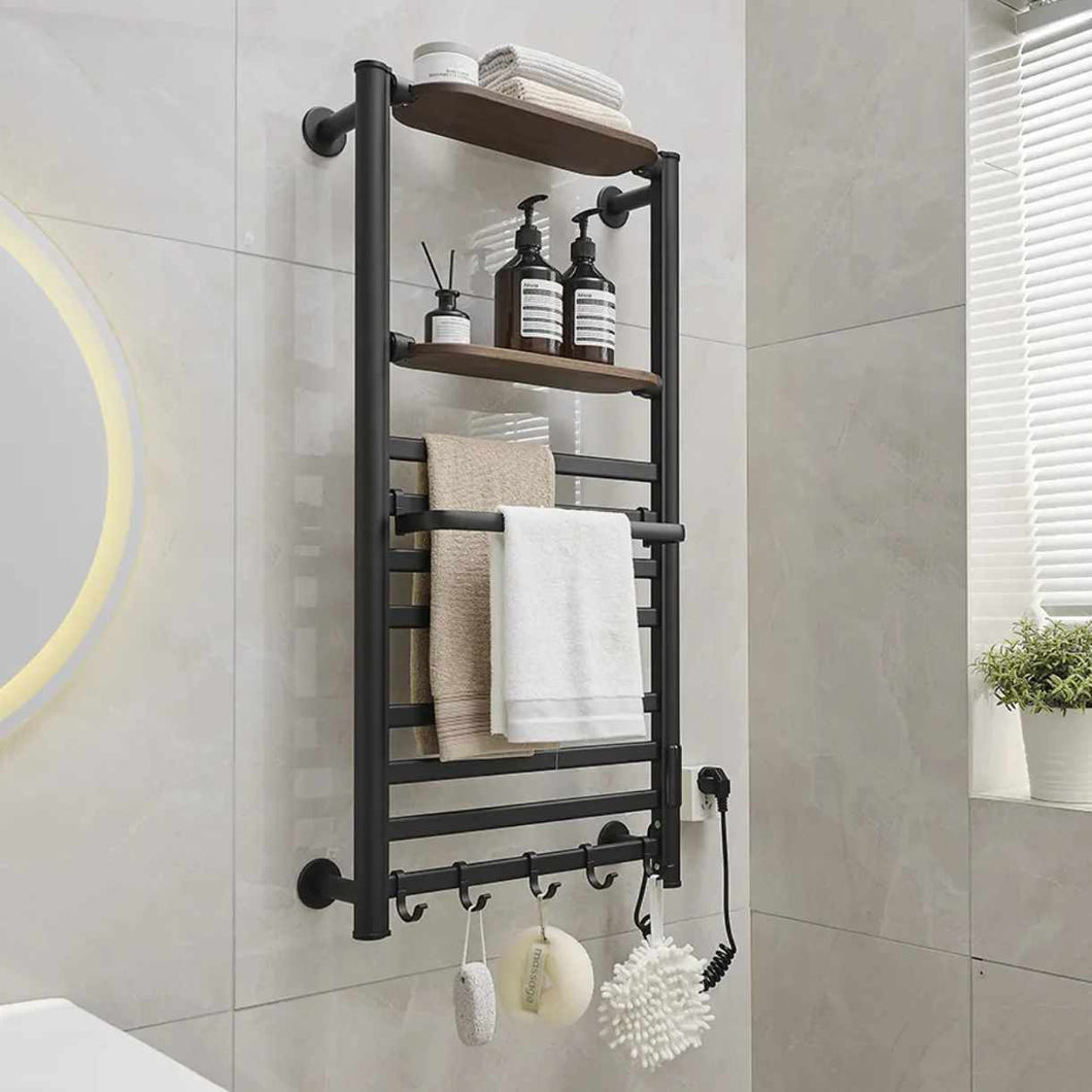 Matte Black Large Bathroom Electric Powered Heated Towel Rack with Wooden Shelf