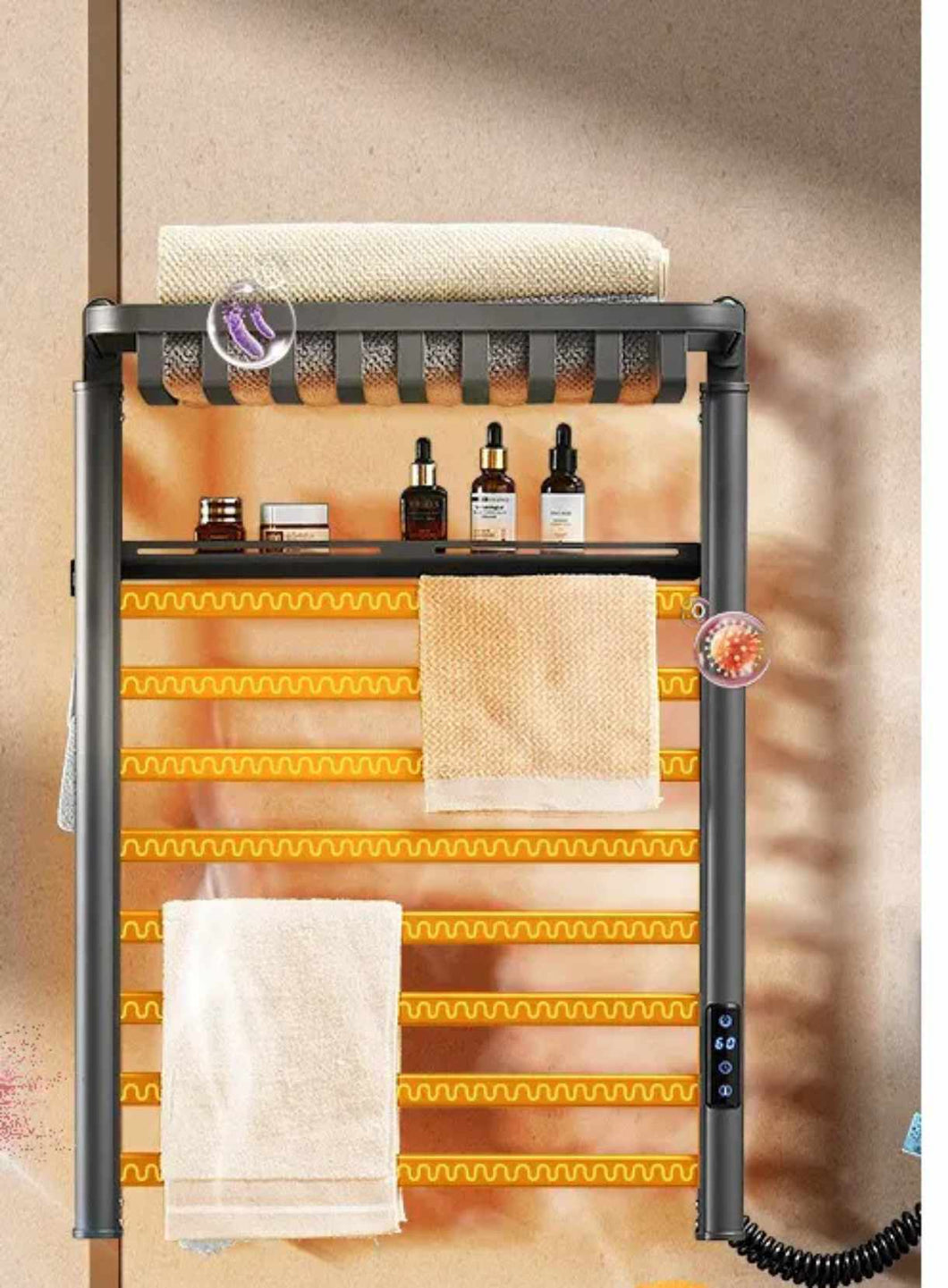 Electric Powered Heated Matte Black  Towel Warmer with Shelf