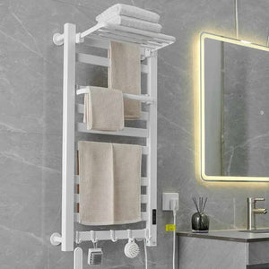 Matte White Large Bathroom Electric Heated Towel Rack with Hooks