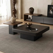 Cargar imagen en el visor de la galería, Modern Solid Wood Square Carved Textured Coffee Table Retro Style Living Room Small Household High and Low Combination Tea Table
