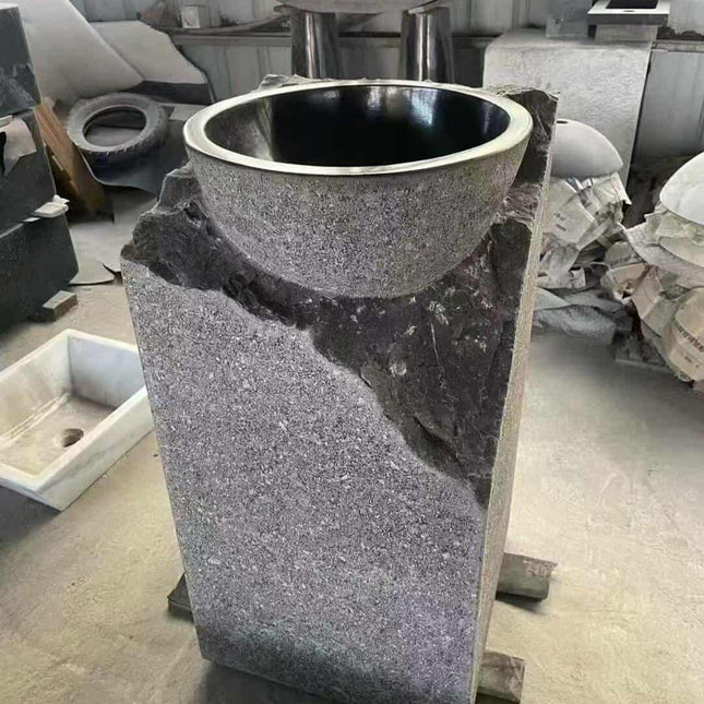 Modern Black Marble & Granite Pedestal Sink – Rustic Stone Freestanding Basin for Indoor & Outdoor Hotel or Home Decoration