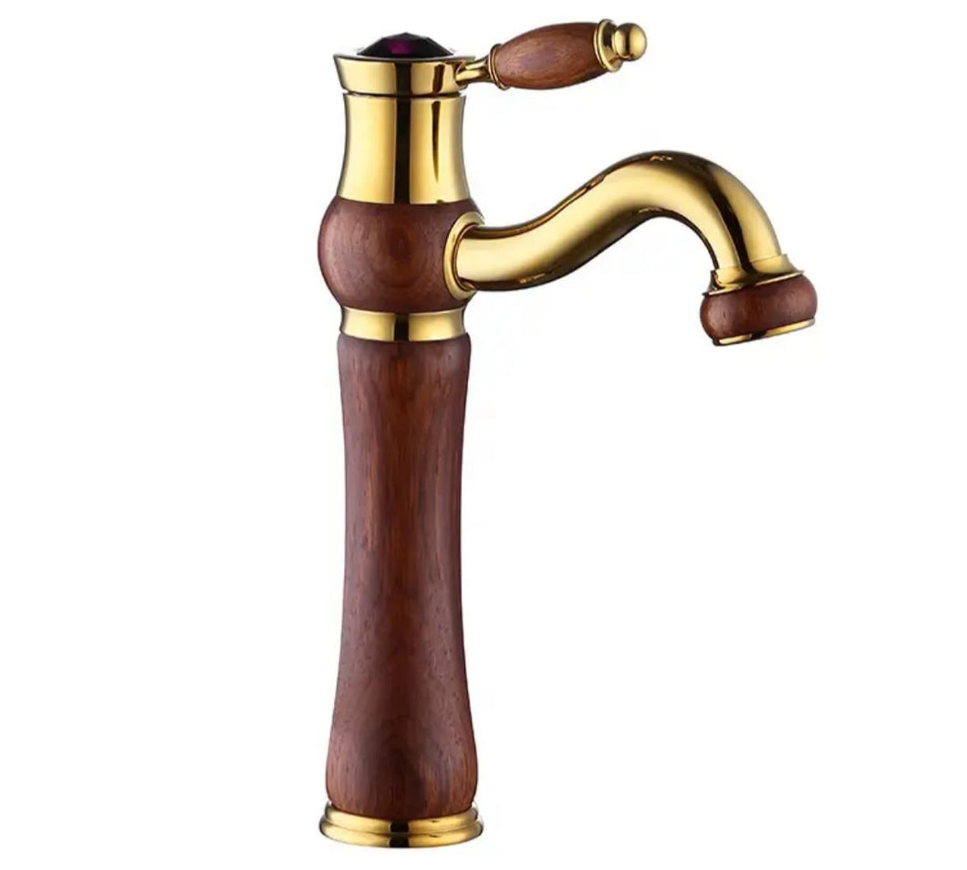 Ancient Vintage Gold and Brown Faucet Wooden and Copper Brass Antique