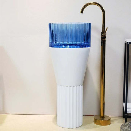 Luxury Cylindric Round Glass Pedestal Sink – Crystal Art Floor-Standing Vessel Basin for Modern Bathroom Vanity