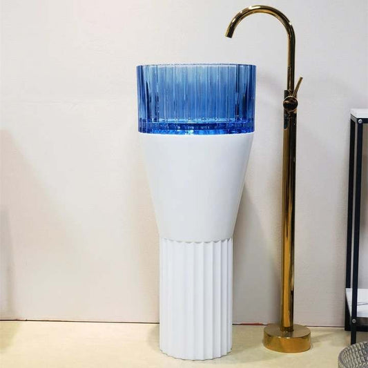 Luxury Cylindric Round Glass Pedestal Sink – Crystal Art Floor-Standing Vessel Basin for Modern Bathroom Vanity