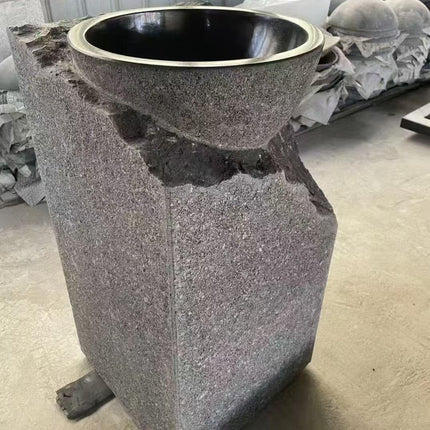 Modern Black Marble & Granite Pedestal Sink – Rustic Stone Freestanding Basin for Indoor & Outdoor Hotel or Home Decoration