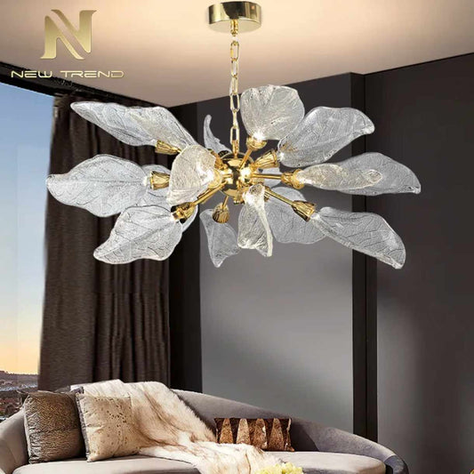 Modern Leaf Glass Chandelier – Gold Pendant Light with Clear & Smoke-Tinted Leaves for Living Room, Dining Room, or Villa