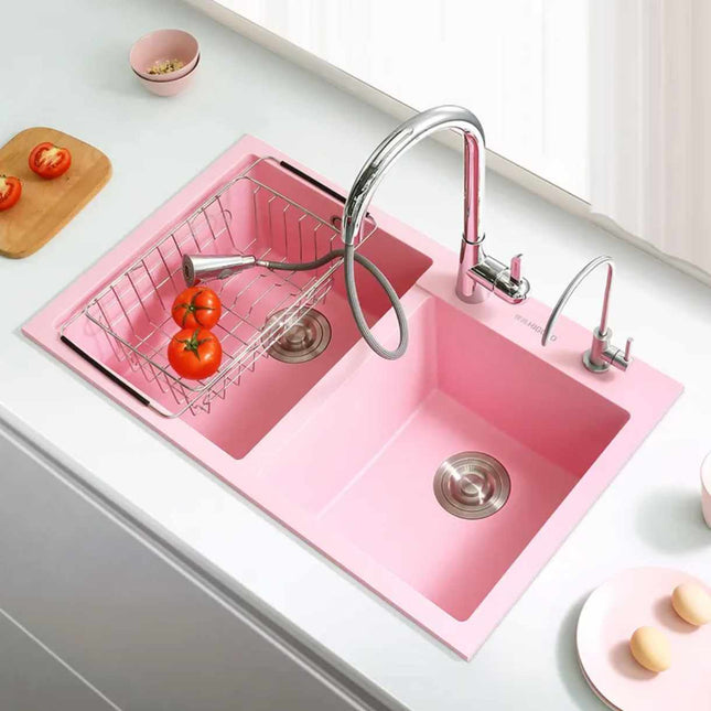 Évier de cuisine double bac en quartz rose – Fait main, durable et design moderne