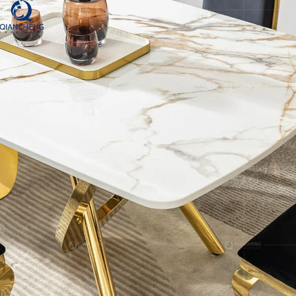 Italian Household Dining Room Furniture Golden Stainless Steel Frame Marble Top Dining Table Set Modern Luxury
