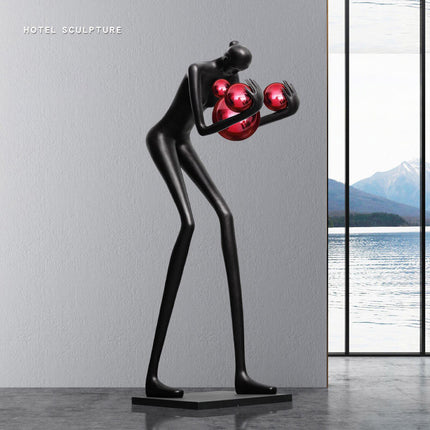 Large Resin Figure Holding Ball Sculpture Elegant Design for Hotel Exhibition Halls or Decorative Floor Lamp