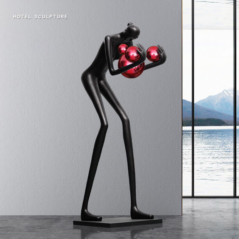 Large Resin Figure Holding Ball Sculpture Elegant Design for Hotel Exhibition Halls or Decorative Floor Lamp