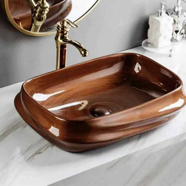 Rectangular Brown Porcelain Bathroom Sink – Glossy Wood Grain Countertop Wash Basin, Modern Luxury Vessel Sink