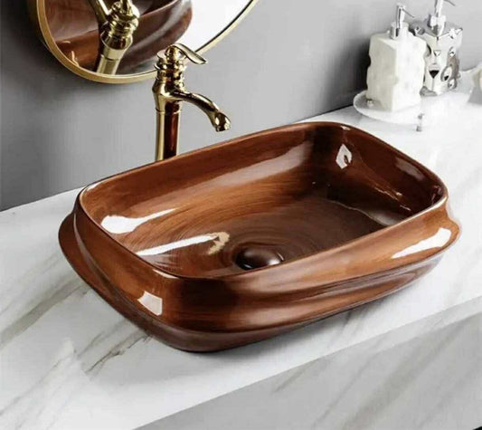 Rectangular Brown Porcelain Bathroom Sink – Glossy Wood Grain Countertop Wash Basin, Modern Luxury Vessel Sink