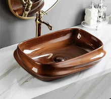 Load image into Gallery viewer, Rectangular Brown Porcelain Bathroom Sink – Glossy Wood Grain Countertop Wash Basin, Modern Luxury Vessel Sink
