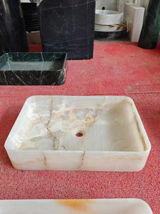 Natural Beige and White Real Jade Stone Marble Vanity Sink – Rectangle Wash Hand Basin Bathroom