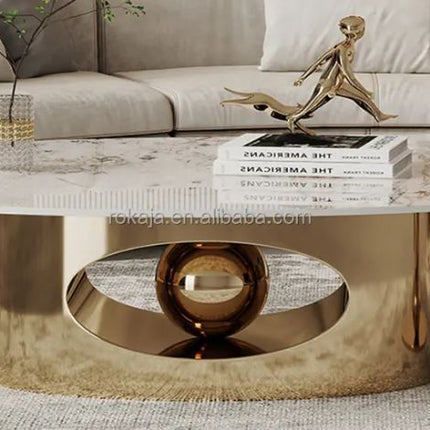 Luxury Sintered Stone Top Ellipse Coffee Table Side Table Combination Modern Silver Gold Stainless Steel Center Table Set