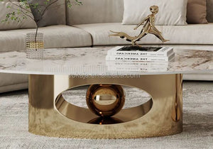 Luxury Sintered Stone Top Ellipse Coffee Table Side Table Combination Modern Silver Gold Stainless Steel Center Table Set