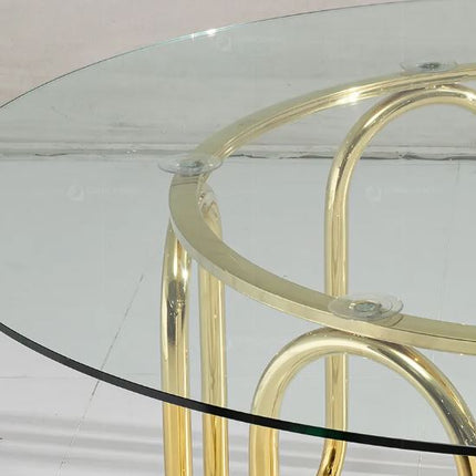 Runder Banketttisch aus Goldglas für Hotels und Hochzeiten, 4 Stühle, europäischer Stil, kompaktes rundes Esstisch-Set 