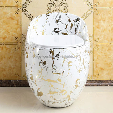 Luxury Round Egg Shape Floor Mount Toilet – Modern White & Gold One-Piece Siphonic WC for Elegant Bathrooms