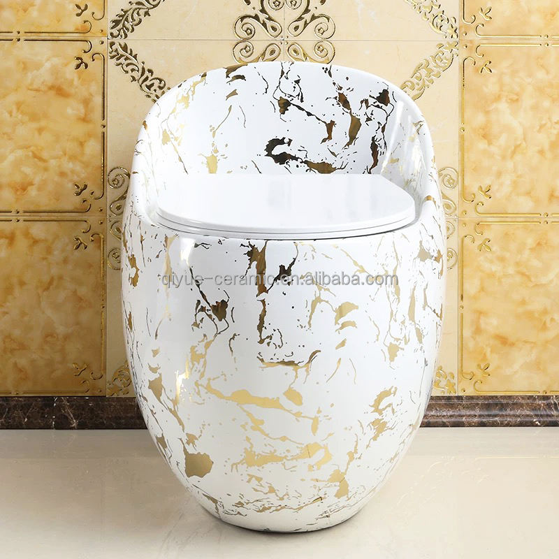 Luxury Round Egg Shape Floor Mount Toilet – Modern White & Gold One-Piece Siphonic WC for Elegant Bathrooms
