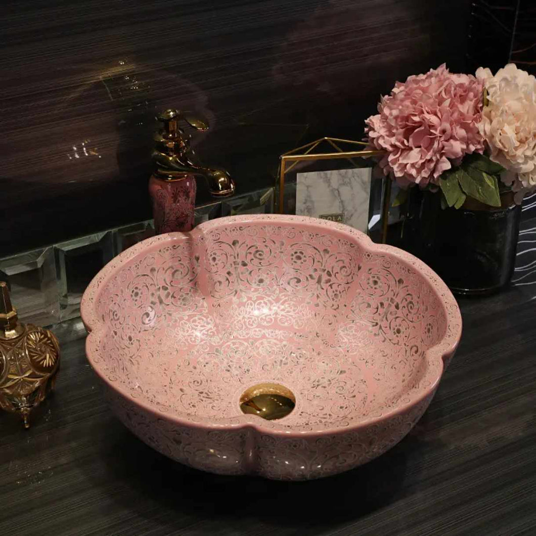 Pink Flower-Shaped Ceramic Wash Basin – Countertop Bathroom Vessel Sink