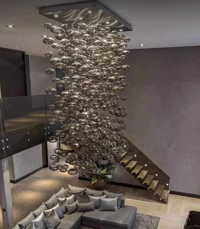 Modern Ball Ceiling Light Rectangular LED Smoke Grey Blown Glass Bubble Chandelier Light