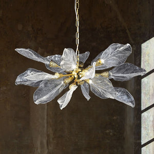 Modern Leaf Glass Chandelier – Gold Pendant Light with Clear & Smoke-Tinted Leaves for Living Room, Dining Room, or Villa