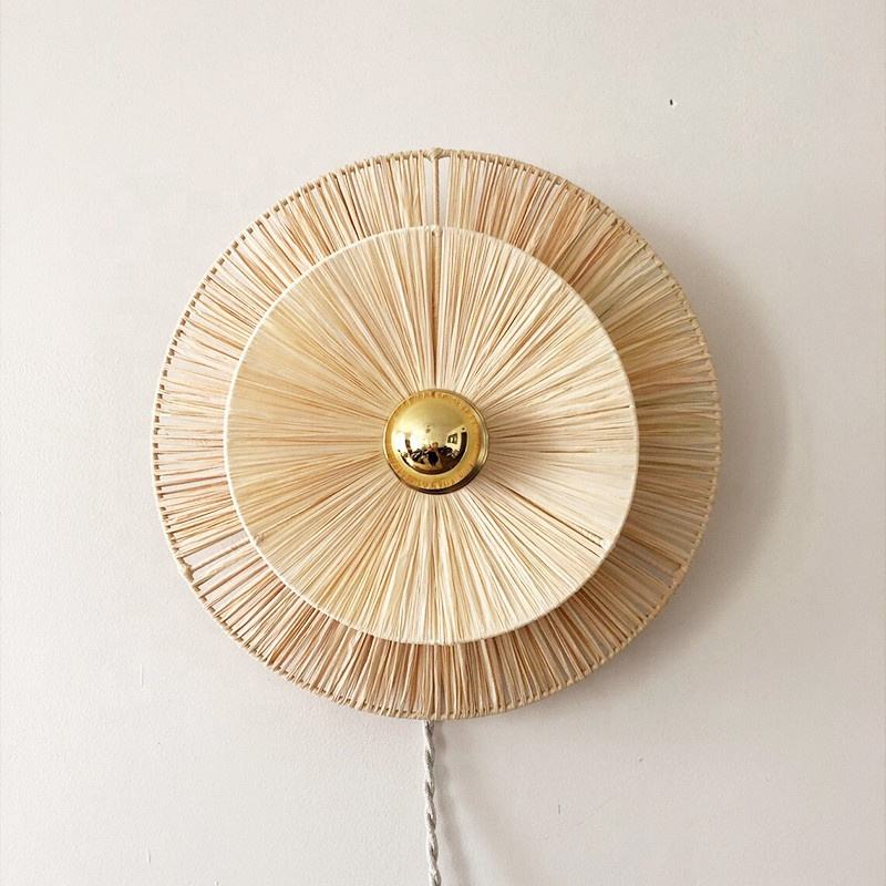 Natural Rattan Bamboo Wall Lamp – Handwoven Round Light for Bedside & Home Décor