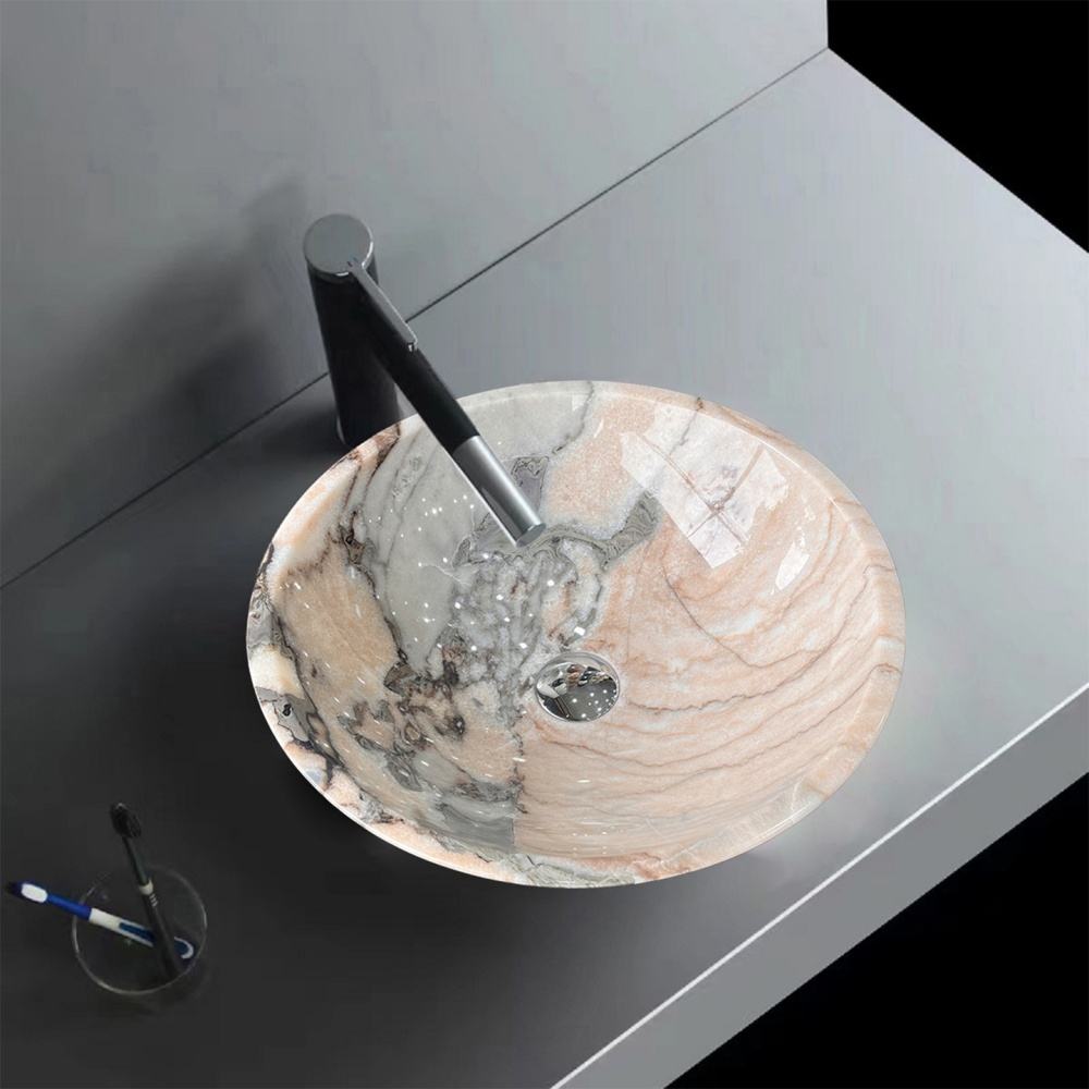 Luxury Marble Art Sink – Round Countertop Bathroom Wash Basin, Natural Stone Vessel Washbasin for Modern Homes & Hotels