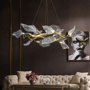 Modern Leaf Glass Chandelier – Gold Pendant Light with Clear & Smoke-Tinted Leaves for Living Room, Dining Room, or Villa