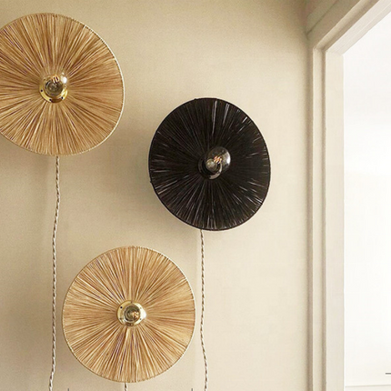 Wandleuchte aus natürlichem Rattan und Bambus – handgewebte runde Leuchte für Nachttisch und Wohnaccessoires