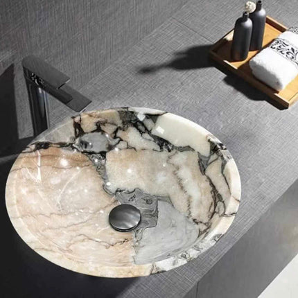 Luxury Marble Art Sink – Round Countertop Bathroom Wash Basin, Natural Stone Vessel Washbasin for Modern Homes & Hotels
