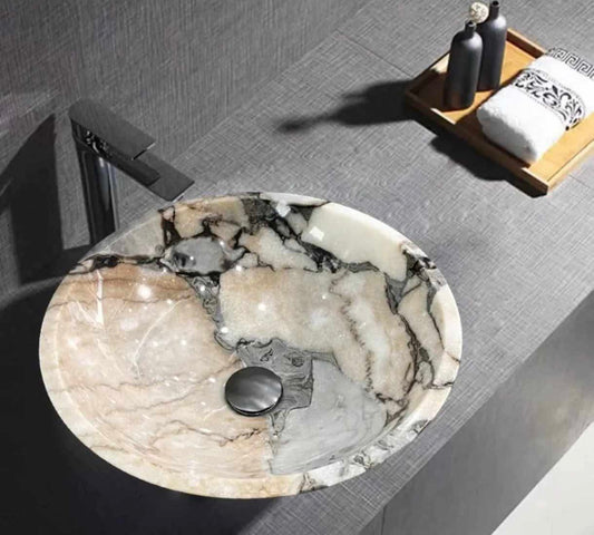 Luxury Marble Art Sink – Round Countertop Bathroom Wash Basin, Natural Stone Vessel Washbasin for Modern Homes & Hotels